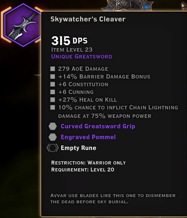 Skywatcher's clever greatsword weapon stats