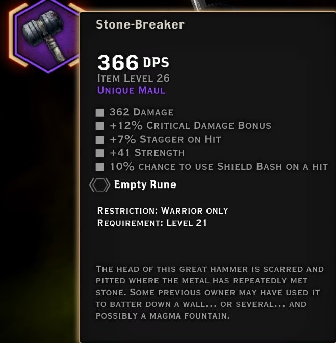 Stone Breaker maul stats inventory