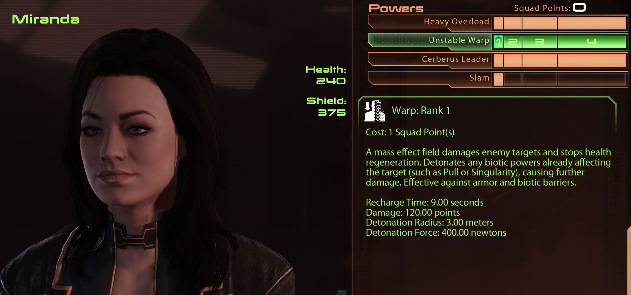 Miranda powers mass effect 2