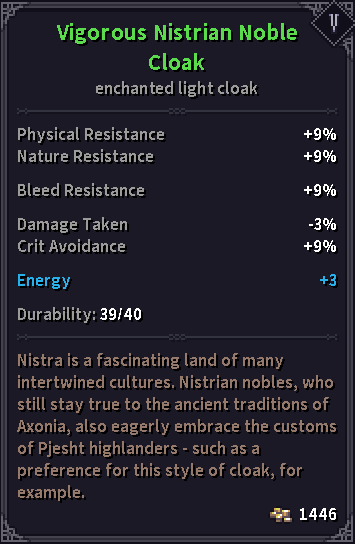 Nistrian Noble Cloak stats